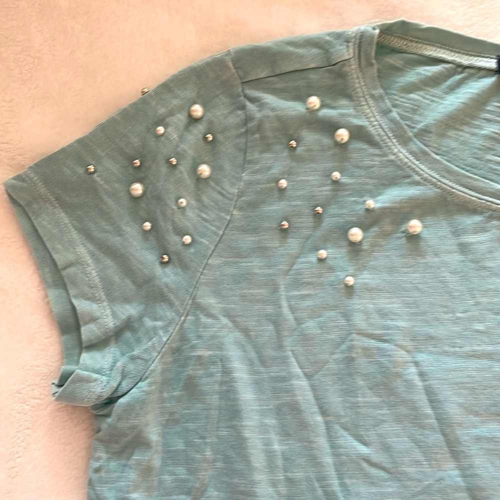 INC Pearl Embellished shoulder t-shirt
